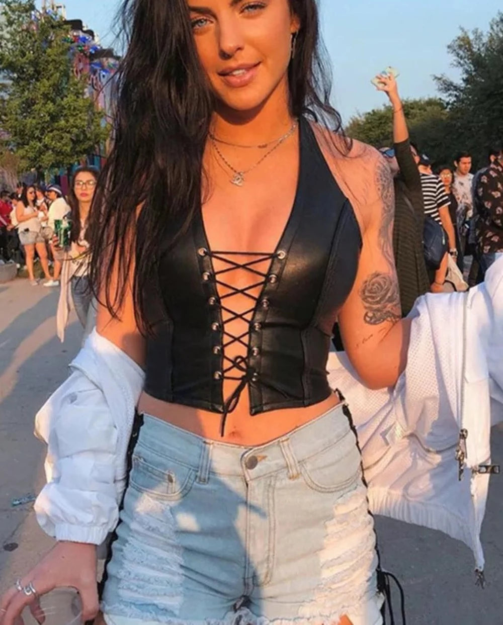 Lace Up Black PU Leather Crop Top