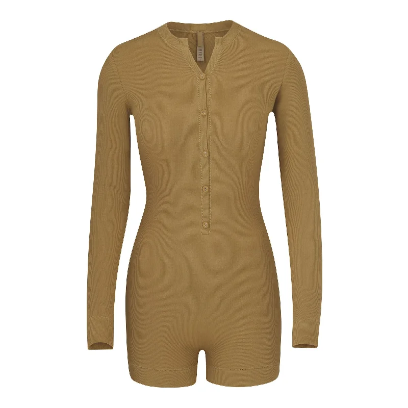 SOFT LOUNGE BUTTON UP HENLEY ONESIE | GOLD