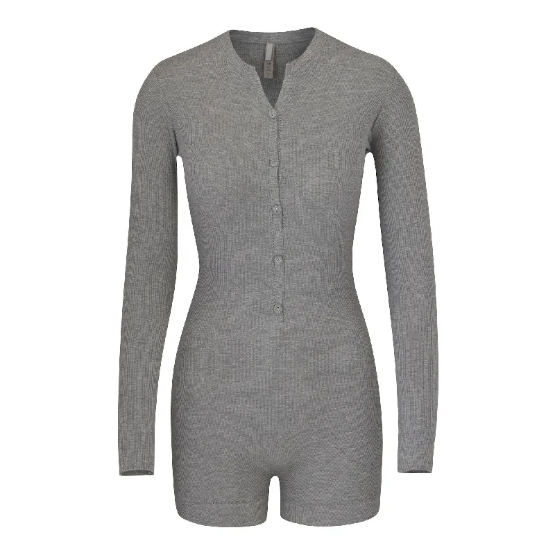 SOFT LOUNGE BUTTON UP HENLEY ONESIE | HEATHER GREY