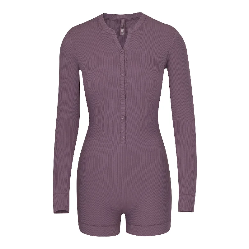 SOFT LOUNGE BUTTON UP HENLEY ONESIE | PLUM