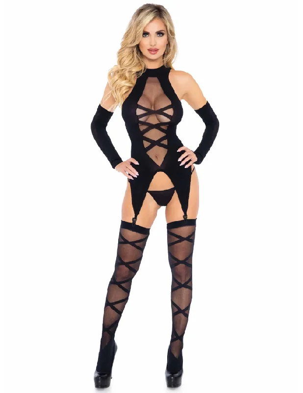 Faux Lace Up Cami Garter, Stockings and Gloves