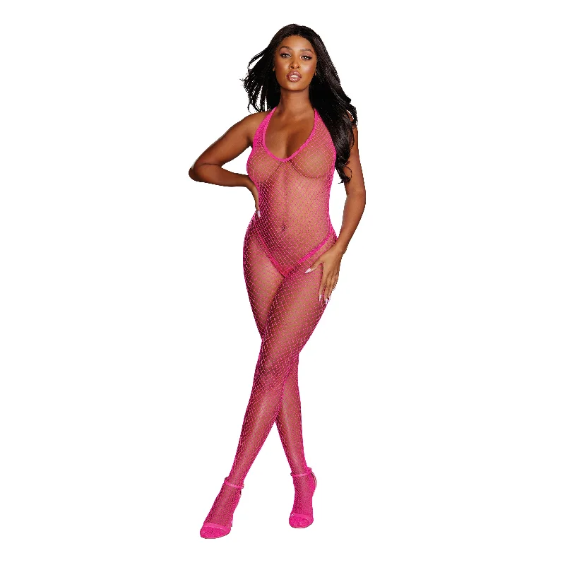 Diamond Net Bodystocking - One Size - Neon Pink