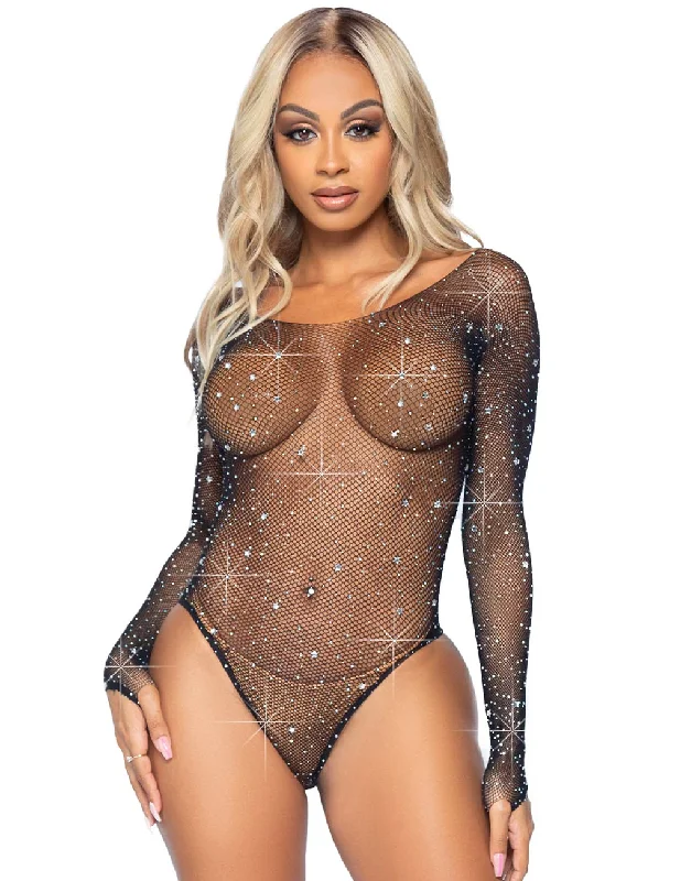 Galaxy Star Rhinestone Long Sleeve Fishnet Teddy