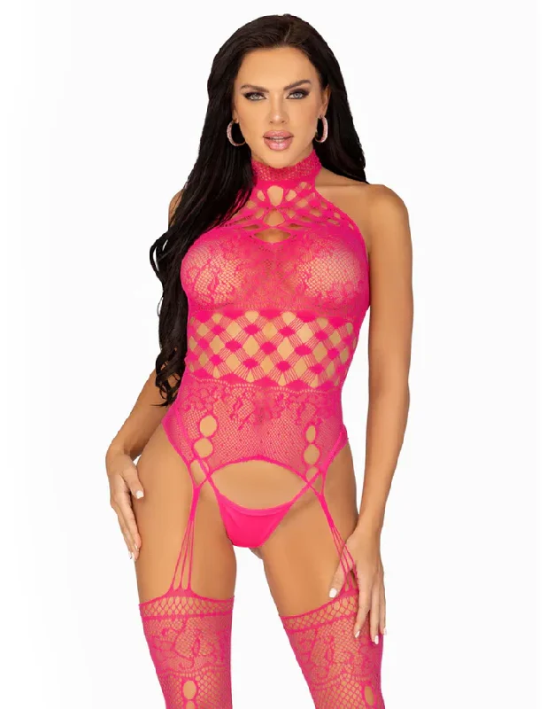 High Neck Halter Net & Lace Suspender Bodystocking