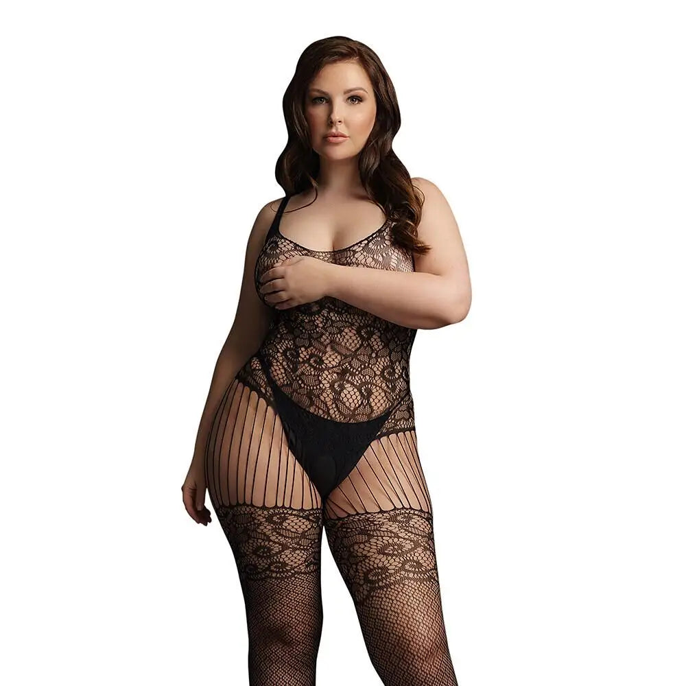 Le Desir Black Lace and Fishnet Plus Size Bodystocking Uk 14 to 20