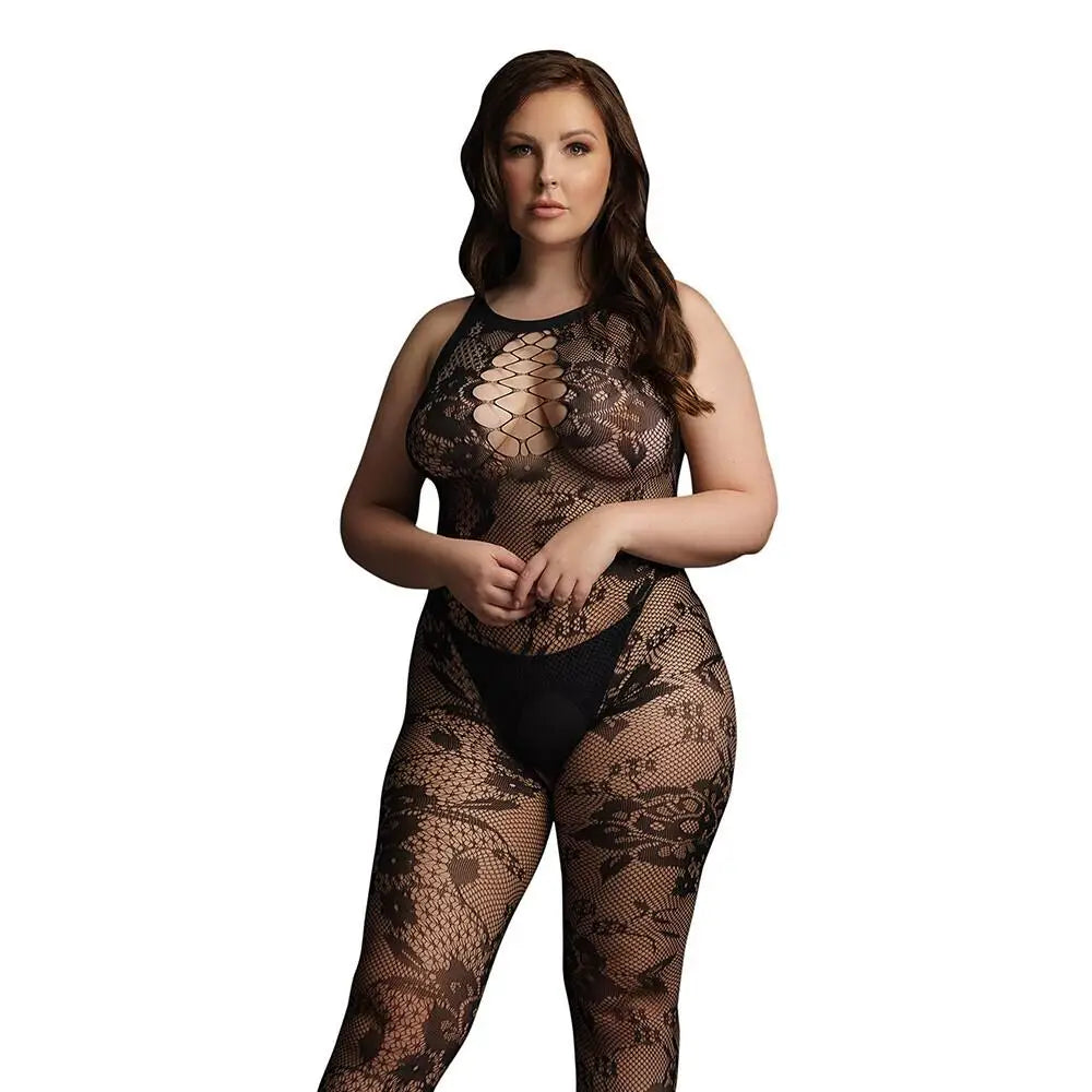 Le Desir Plus Size Black Criss Cross Neck Bodystocking Uk 14 to 20