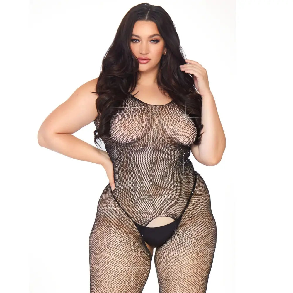 Leg Avenue Black Plus Size Crotchless Fishnet Bodystocking with Rhinestones Uk 18 to 22