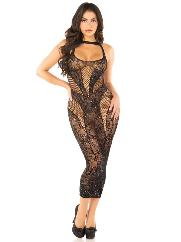 Seamless Rhinestone Lace and Net Body Con Dress -  Os - Black