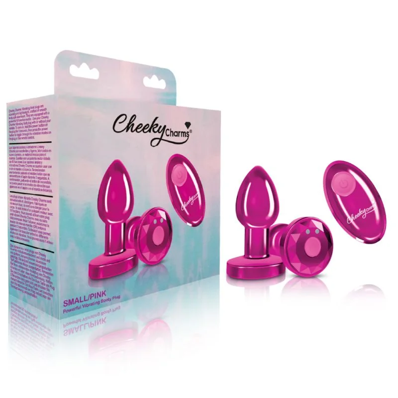 Cheeky Charms - Rechargeable Vibrating Metal Butt Plug with Remote - Small - Pink