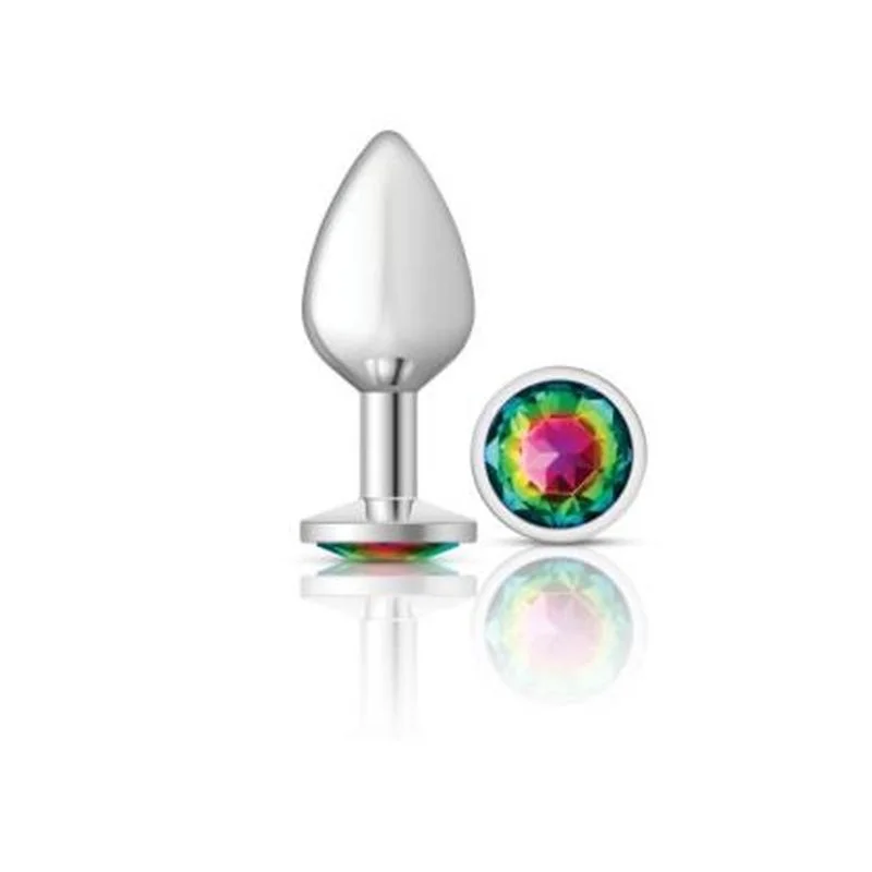 Cheeky Charms - Round Butt Plug with Rainbow Jewel - Medium - Silver